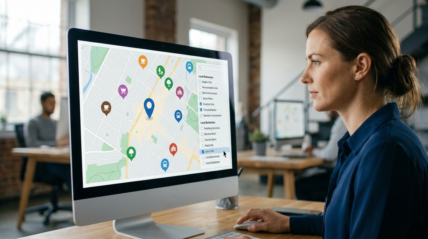 Ein Software-Dashboard, auf dem ein Immobilienvermarkter bestimmte lokale Geschäfte auswählt, um sie in einer Immobilien-Story anzuzeigen.