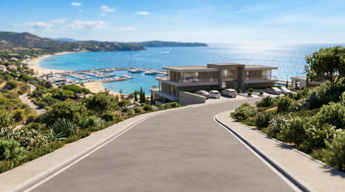 Eine 3D-Ansicht aus einer niedrigen Perspektive, die sich auf die Zufahrtsstraße zur Waterfront-Villa konzentriert.
