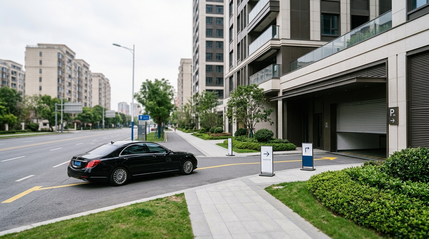 Eine schrittweise visuelle Ankunftsanleitung, die den Weg von der Hauptstraße zur Tiefgarage der Immobilie zeigt.