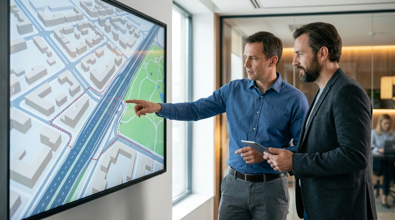 Eine interaktive Karte, die eine große Autobahnbarriere hervorhebt, die ein Wohnviertel von einem nahe gelegenen Park trennt.