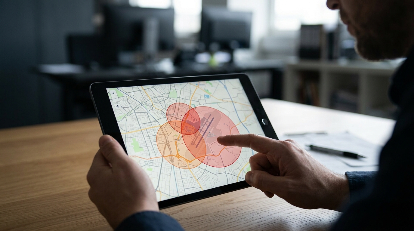 A map highlighting airspace restriction zones near an urban airport where physical drones cannot fly.