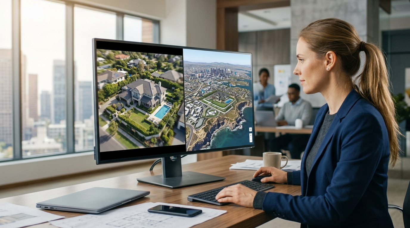 A split screen showing physical drone footage on the left and an interactive 3D geospatial flyover on the right.