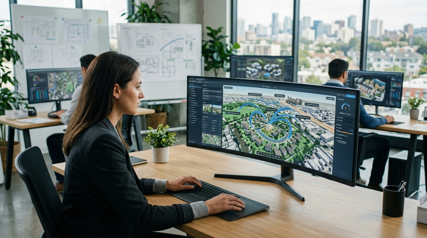 An interactive 3D map interface showing neighborhood amenities and custom camera paths around a residential property.