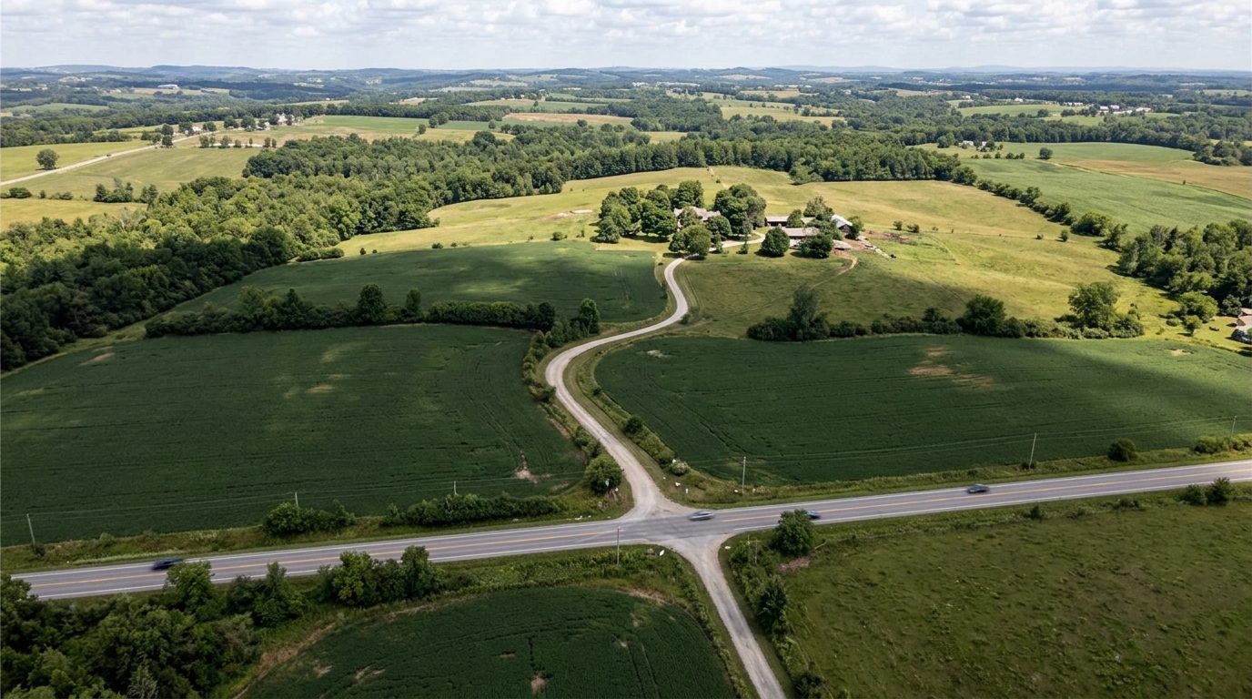 Aerial perspective highlighting the connection between the rural estate and the main road