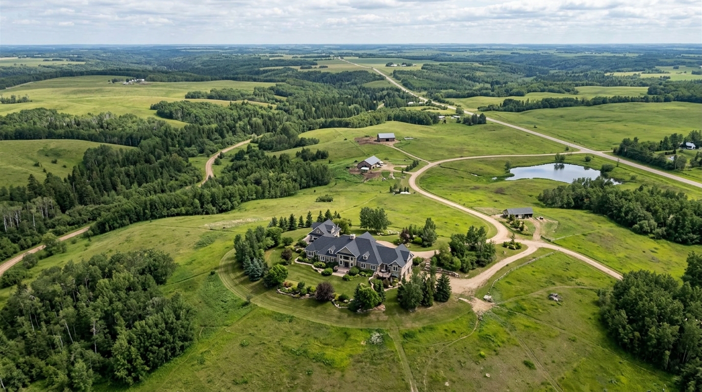 3D aerial visualization of a rural estate showing the main residence and surrounding land