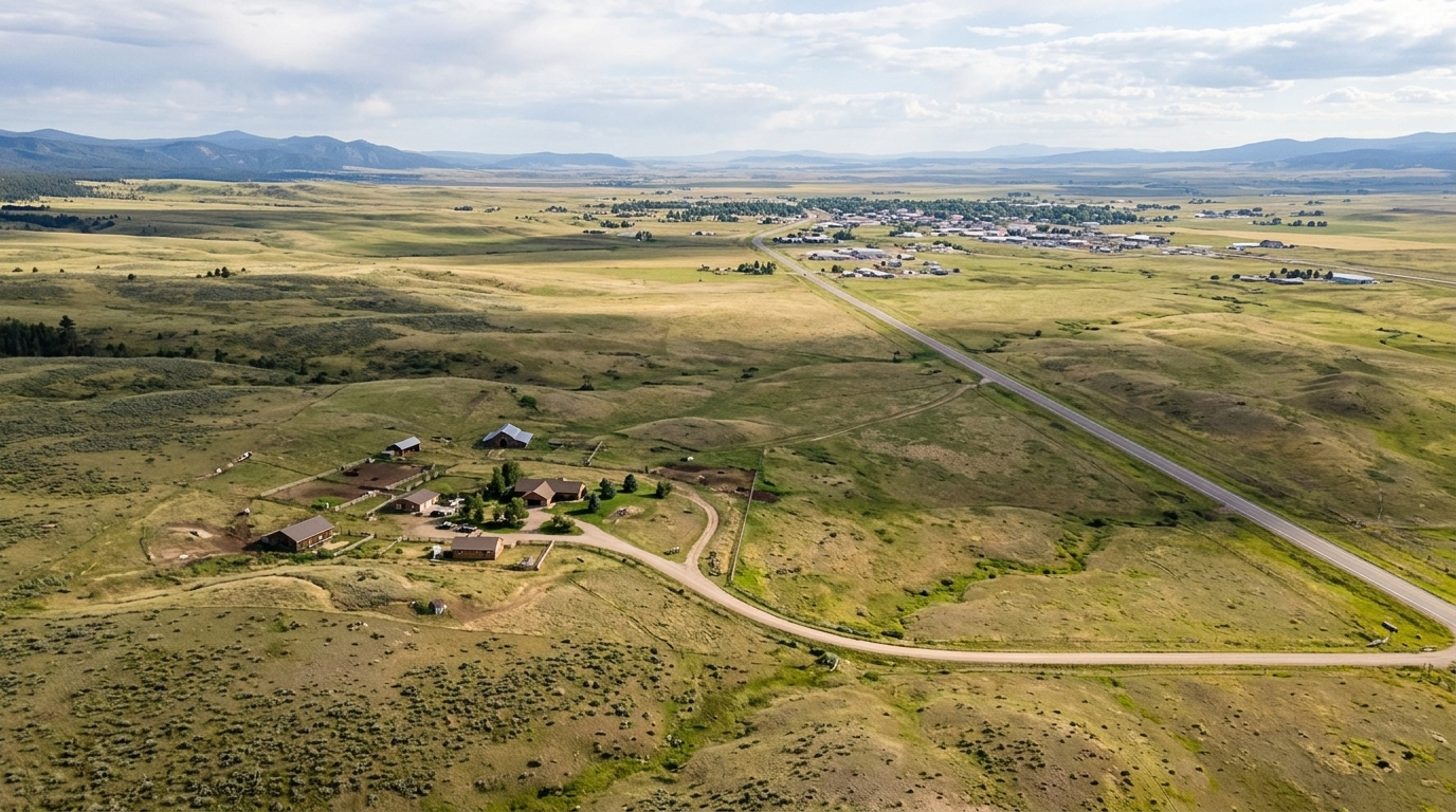 Wide-angle 3D view showing the relationship between the rural property and the nearest town