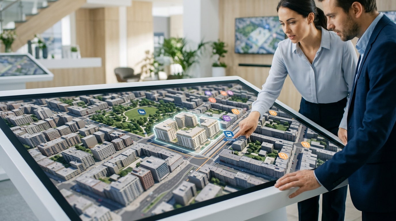 A photorealistic 3D digital twin showing a planned apartment building within a detailed city neighborhood.