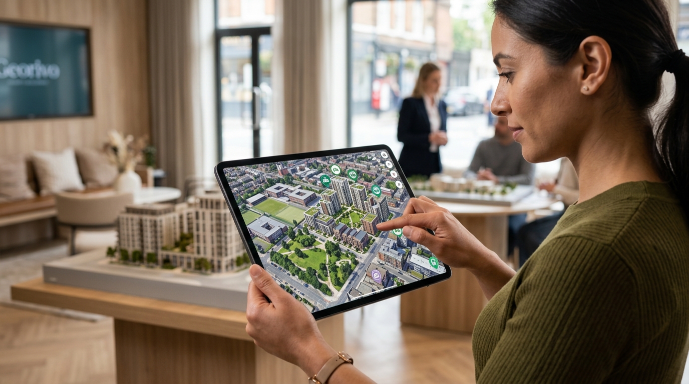 A user interacting with a 3D map interface on a mobile device, exploring nearby parks and schools.