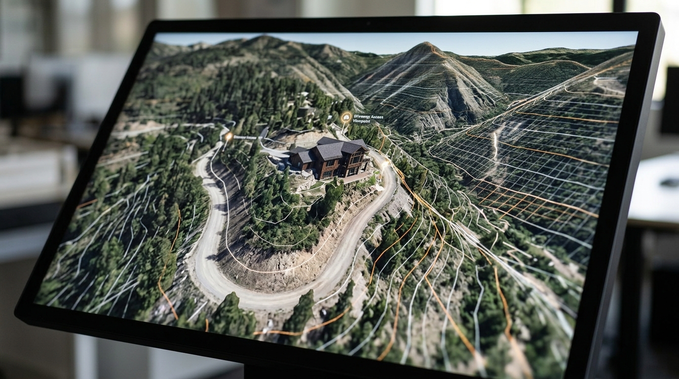 A 3D geospatial visualization of a mountain home nestled in steep terrain.
