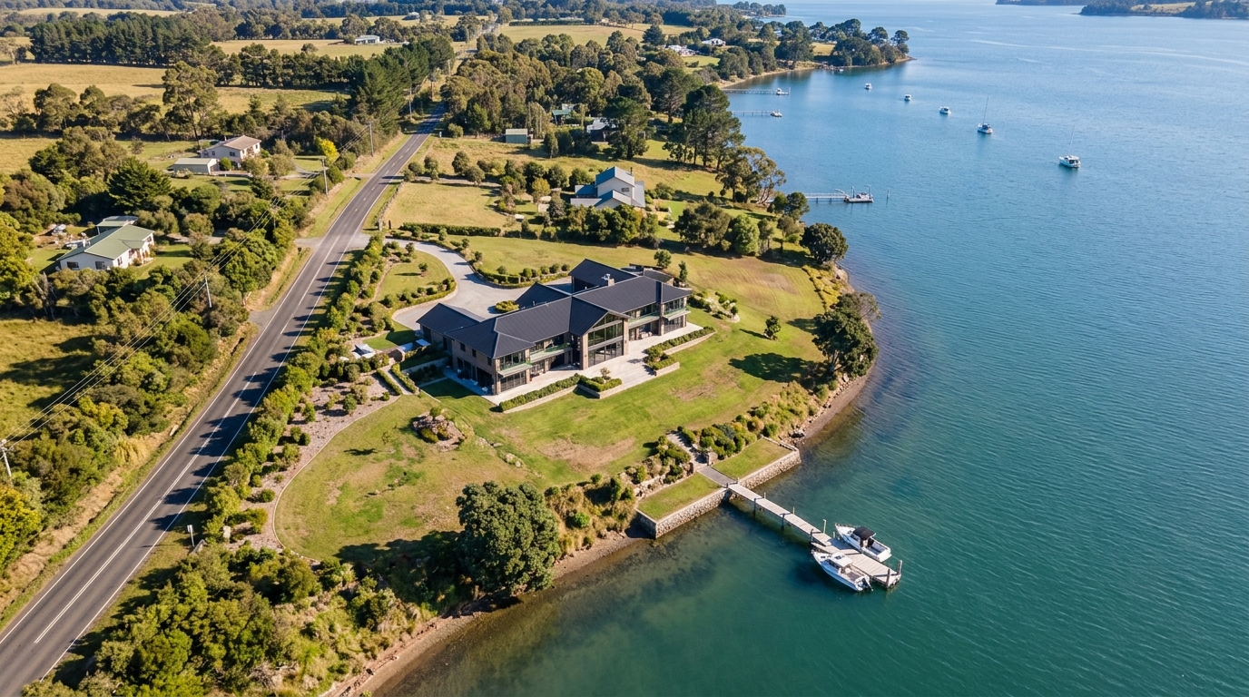 An aerial perspective of a waterfront property highlighting the distance to the shoreline.