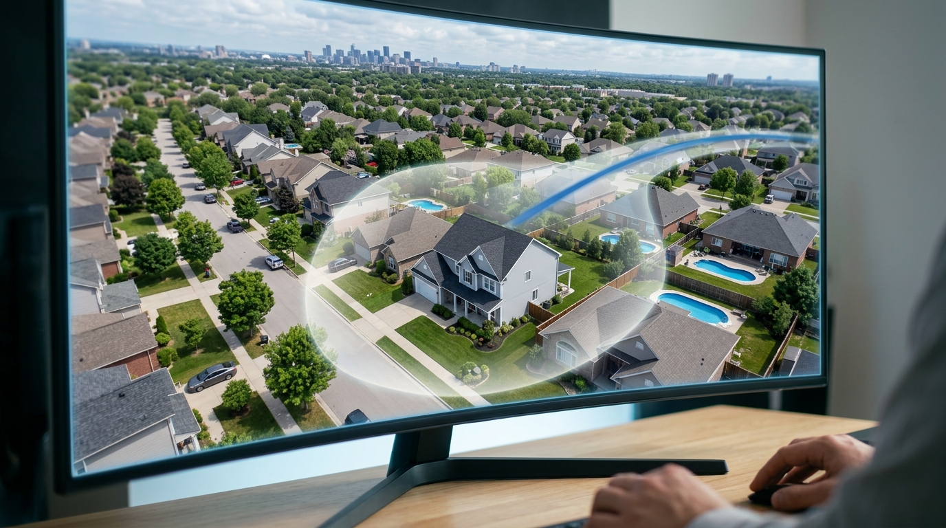 A high-altitude camera approach gliding down toward a residential property in a 3D environment