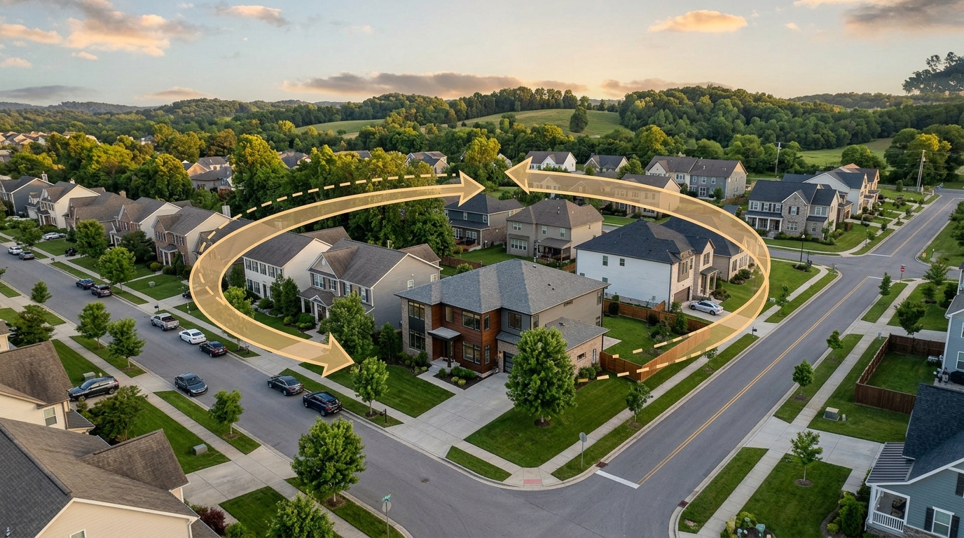 A circular camera orbit highlighting the immediate neighborhood context around a single home