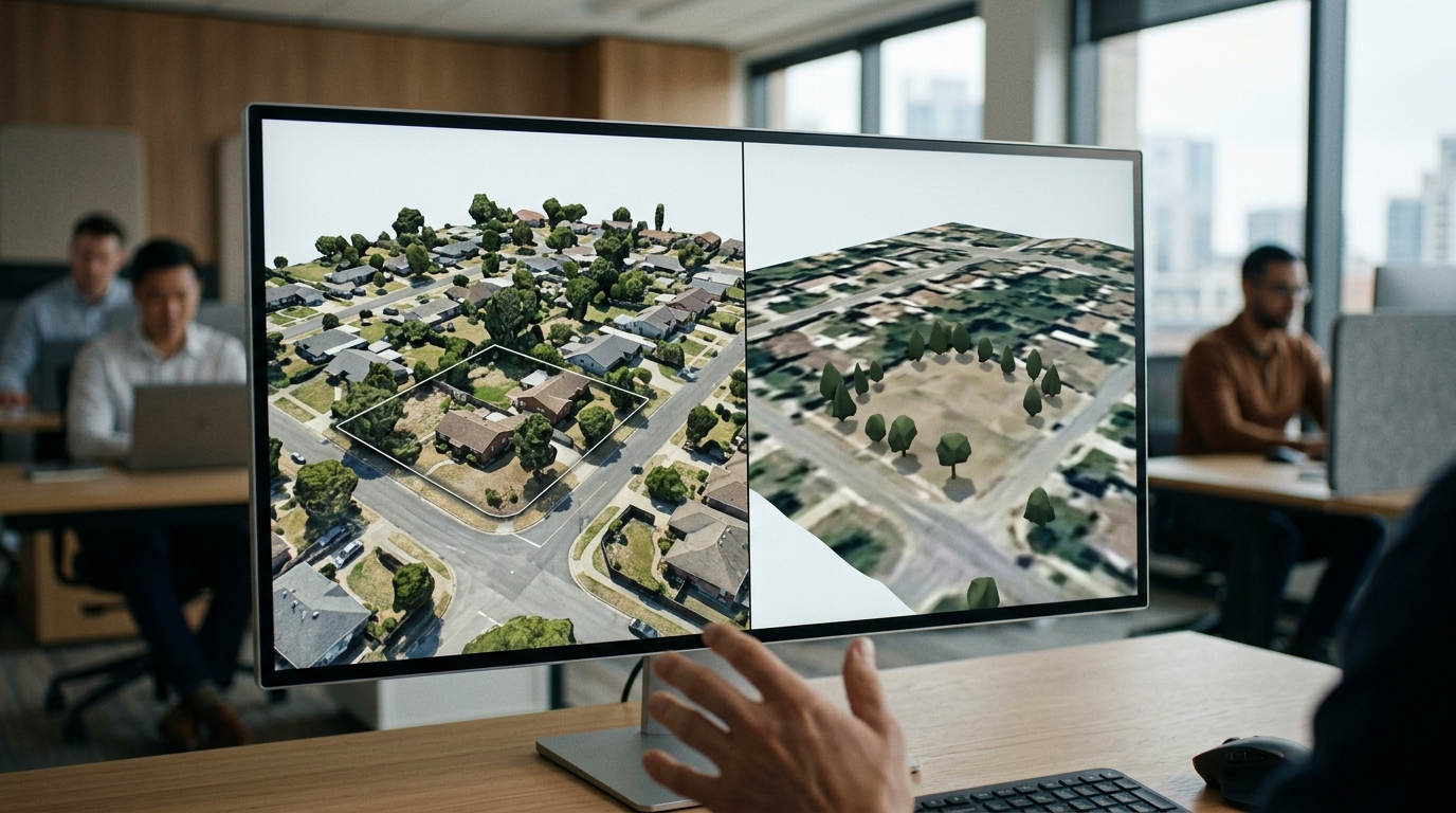 Direkter Vergleich zwischen fotorealistischer 3D-Netzabdeckung und flachem Gelände