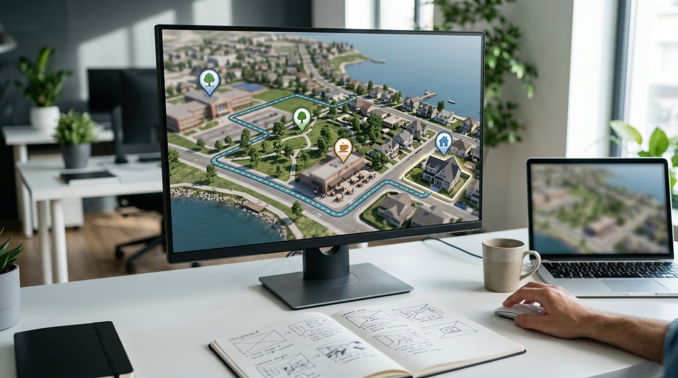 A 3D visualization showing a programmed camera path transitioning between locations.
