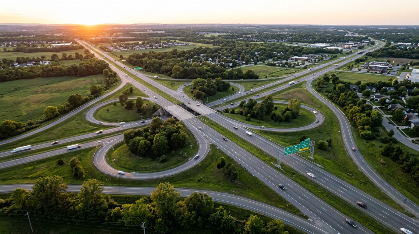 3D-Visualisierung beginnend an einer regionalen Autobahnkreuzung