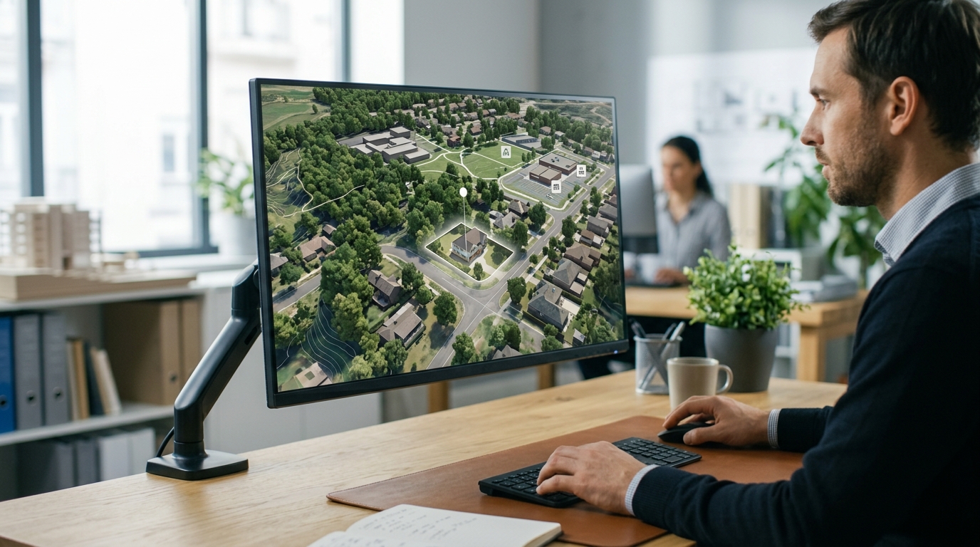 Eine 3D-Immobilien-Flyover-Visualisierung, die eine Immobilienadresse und nahegelegene Orte zeigt