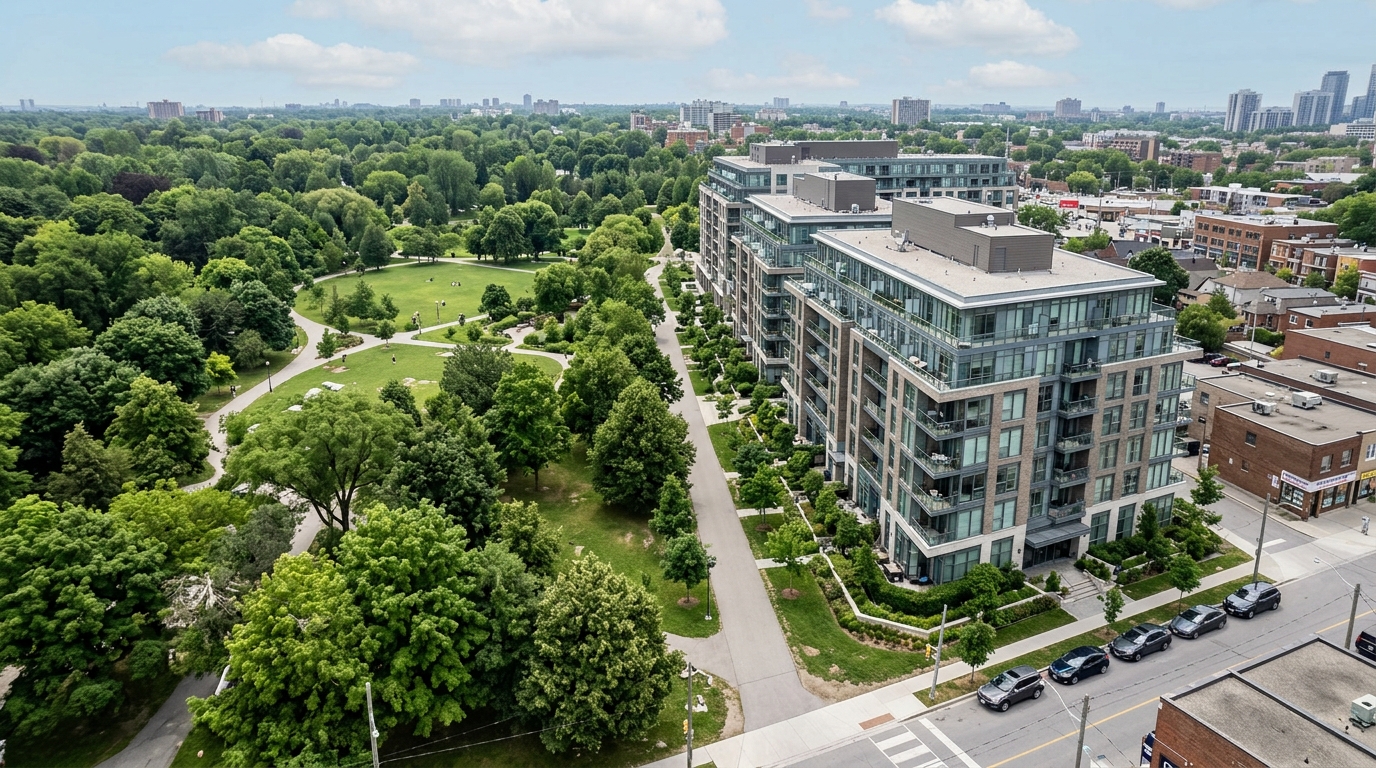 A programmed camera angle showing the green park space situated near the residential block