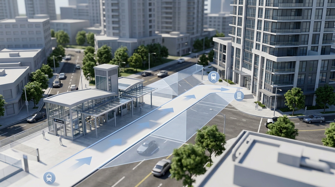A close-up 3D visualization of the transit station and the pathway leading toward the property