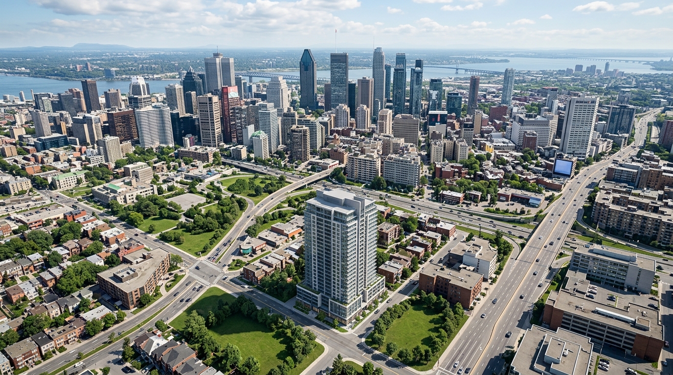 A wide 3D aerial view of an urban condominium building and surrounding city center