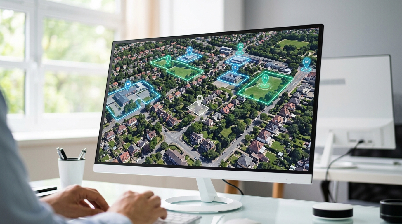 Una vista aerea geoespacial en 3D de un vecindario residencial que destaca puntos de referencia clave