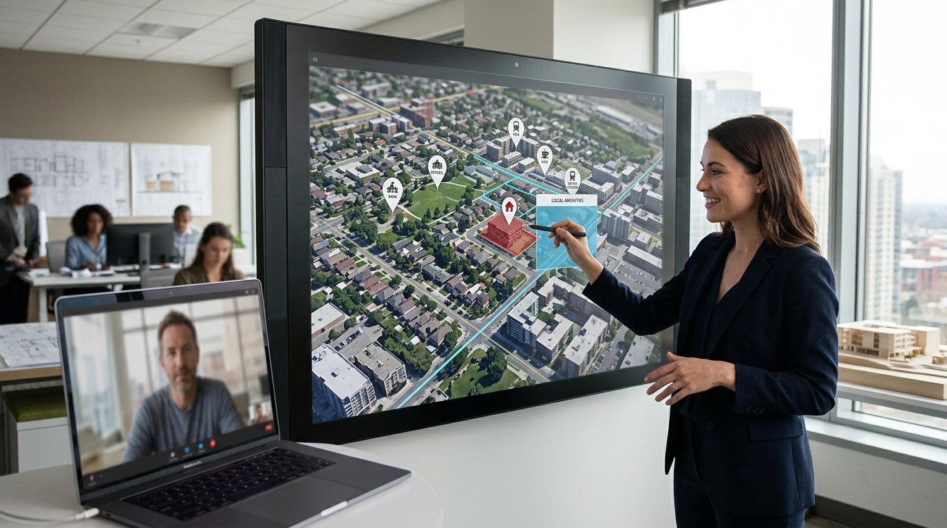 Un mapa interactivo en 3D que muestra la ubicacion de una propiedad y los servicios cercanos