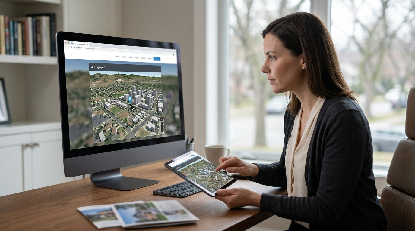 Un récit géographique 3D interactif intégré sur un site internet d'annonces immobilières