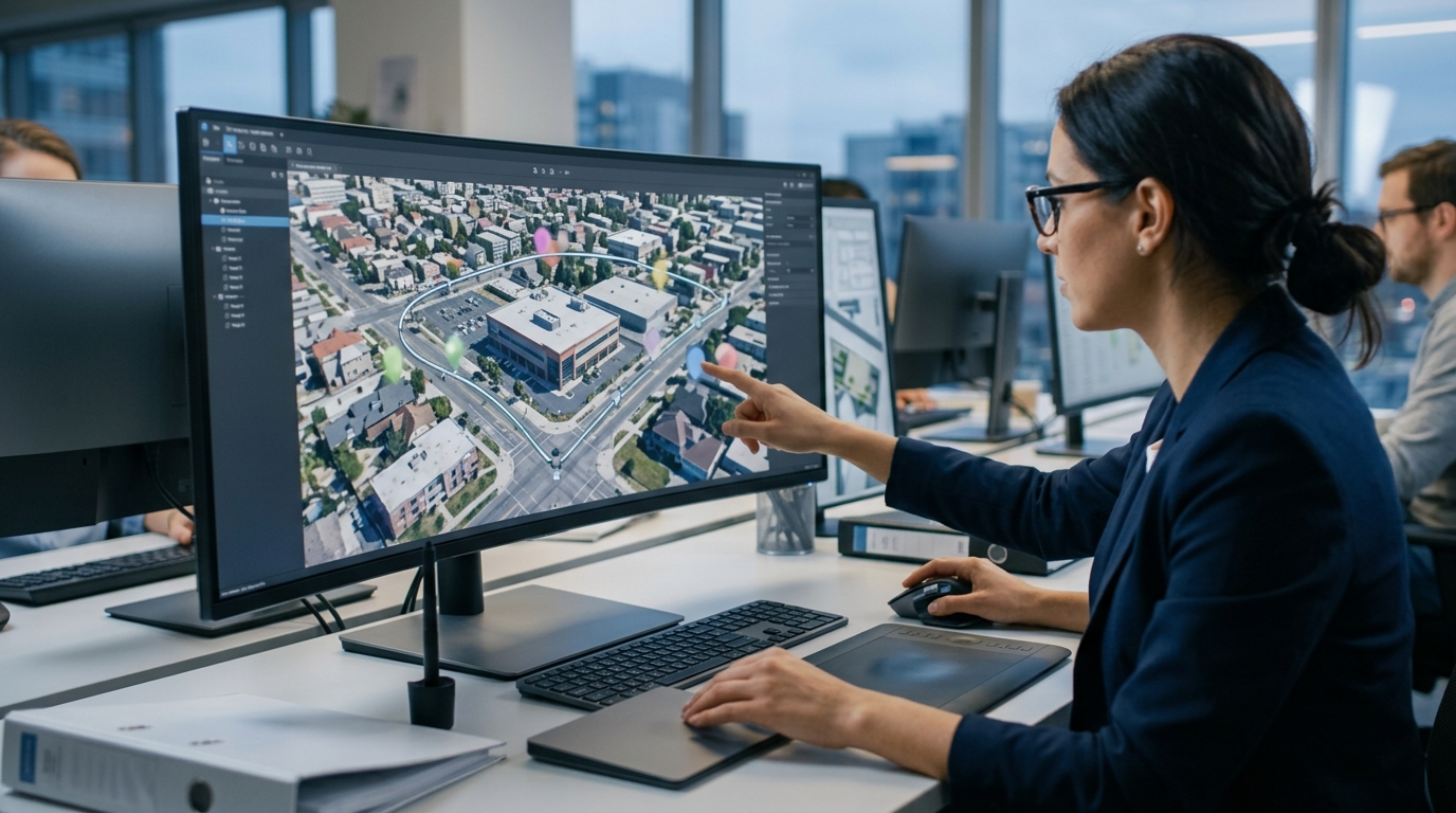 Interface montrant une trajectoire de caméra programmée sur une visualisation 3D de propriété