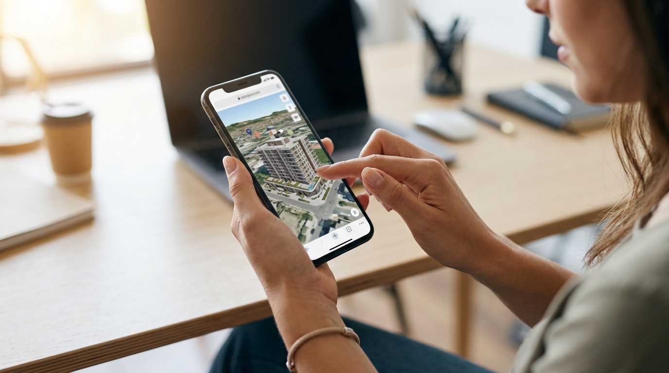 A mobile screen displaying a responsive 3D property map