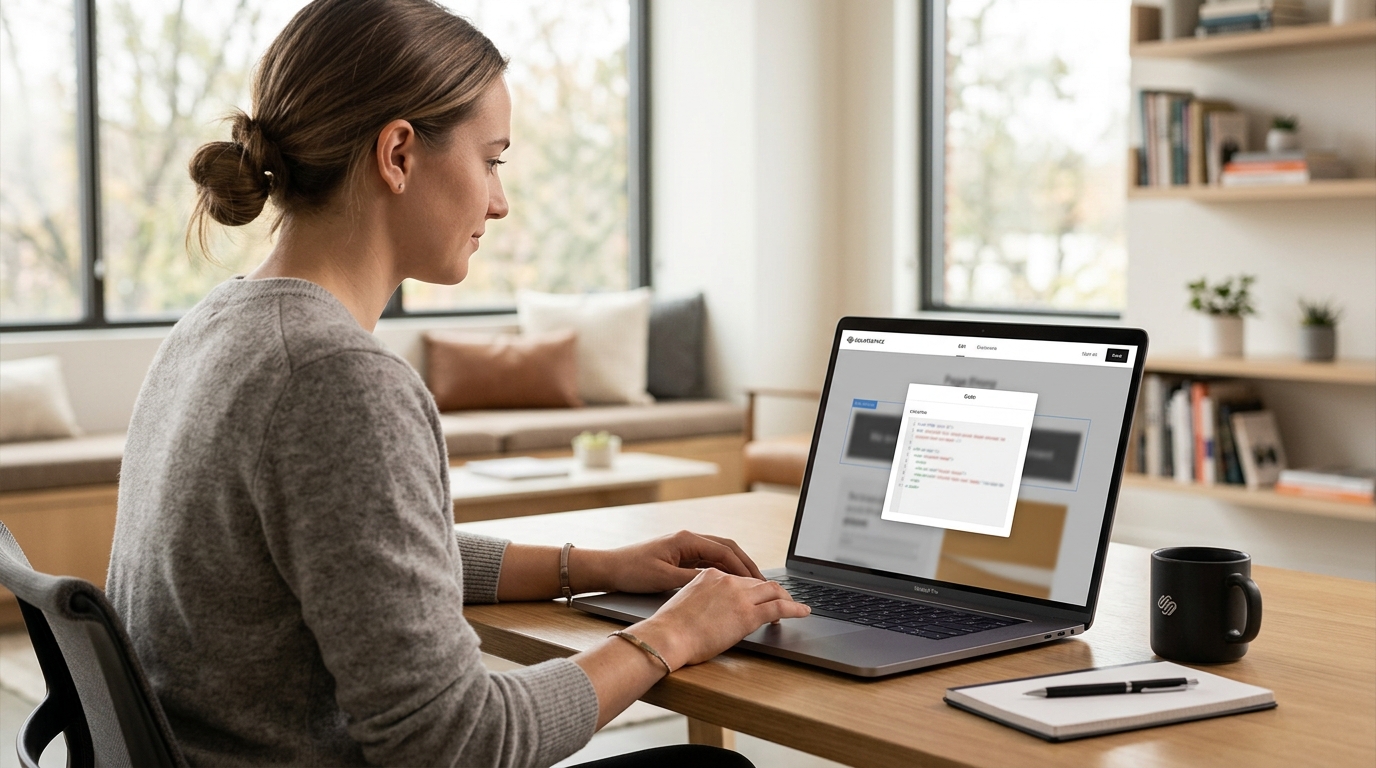 Squarespace page editor showing the Code block setup window