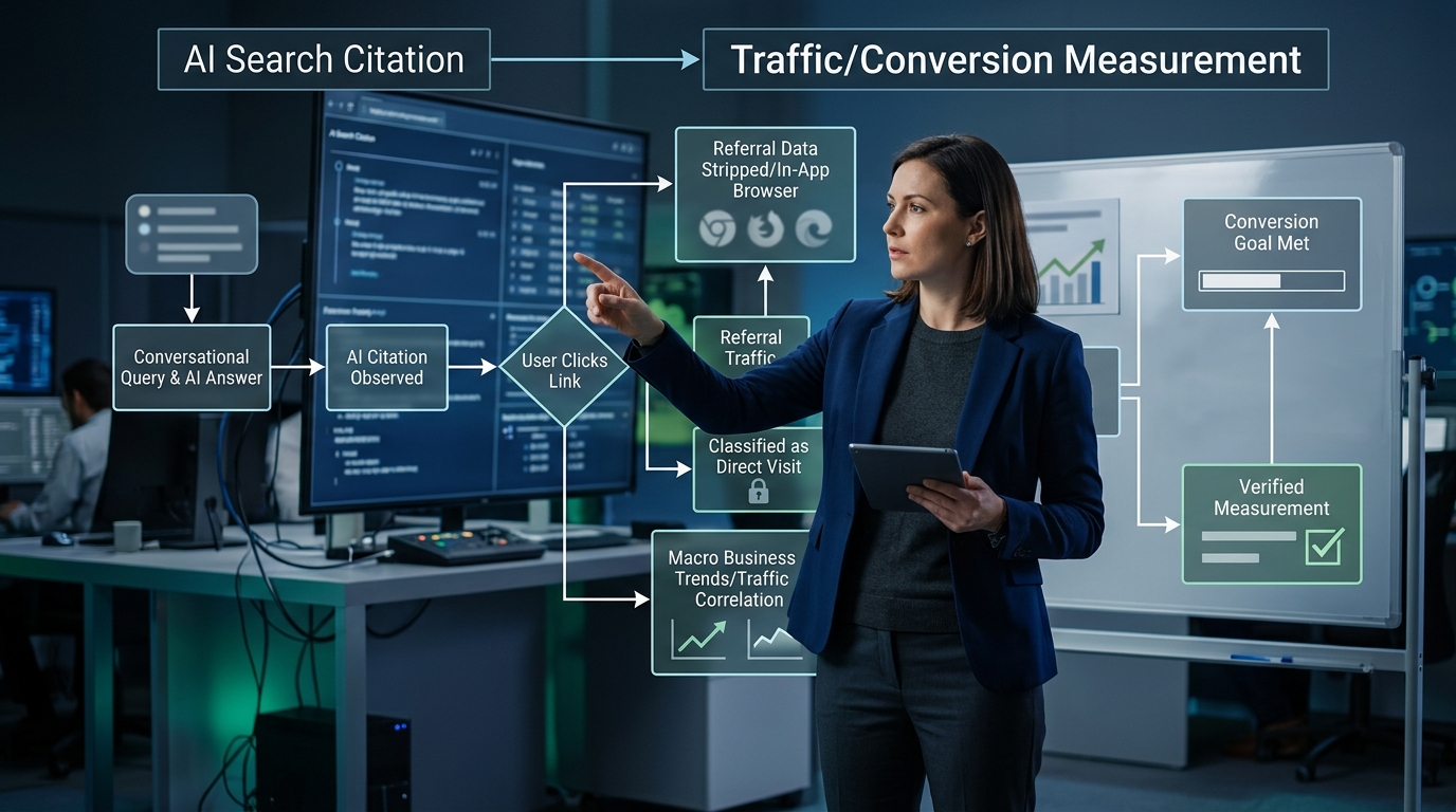 AI Search ROI: Connect Visibility Evidence to Traffic and Conversion Measurement editorial visual