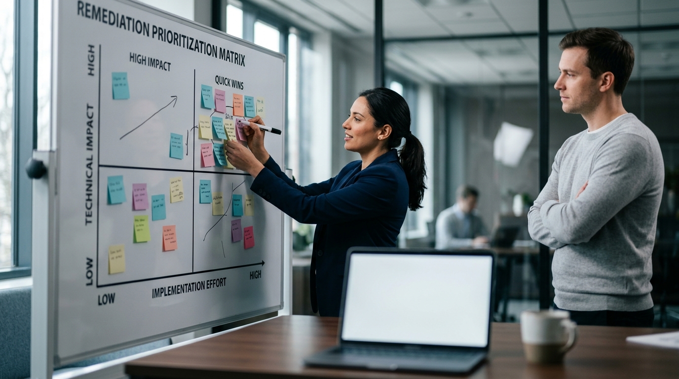 A matrix prioritizing fixes by technical impact and implementation effort.