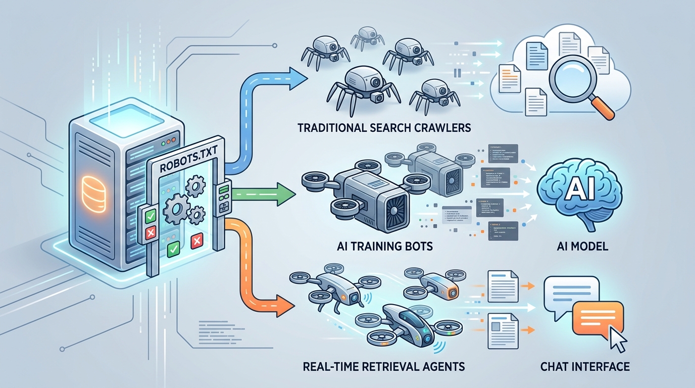 Diagram illustrating the difference between search engine crawlers, AI training bots, and real-time retrieval agents accessing a server.