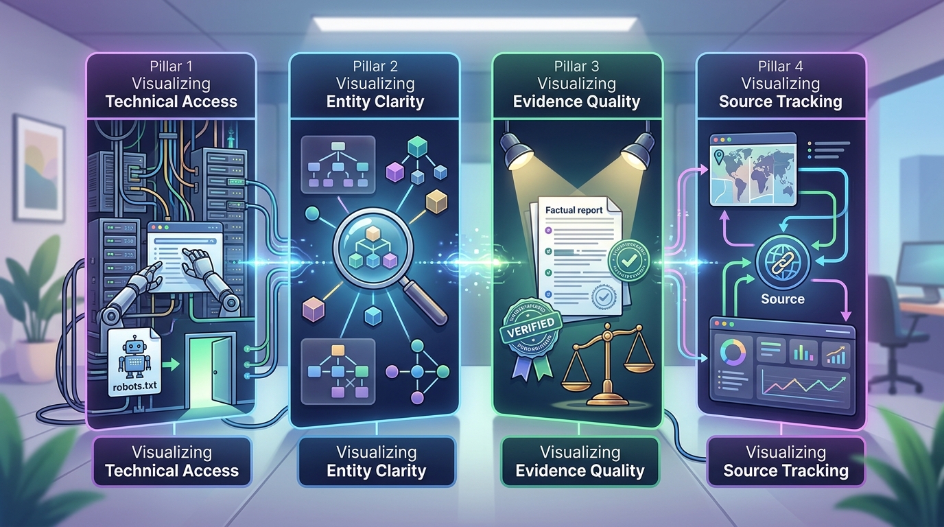 A diagram illustrating the four pillars of AI citation readiness: technical access, entity clarity, evidence quality, and source tracking.