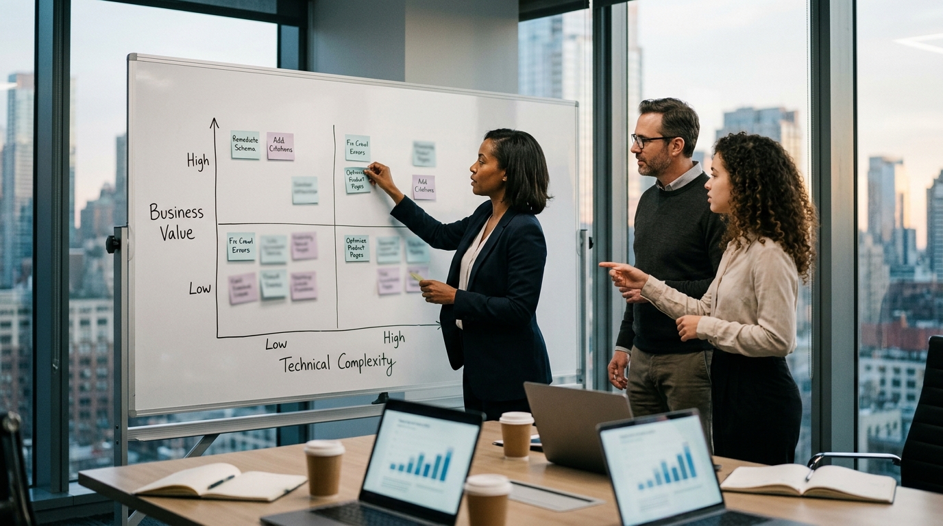 A matrix prioritizing remediation tasks based on business value and technical complexity.
