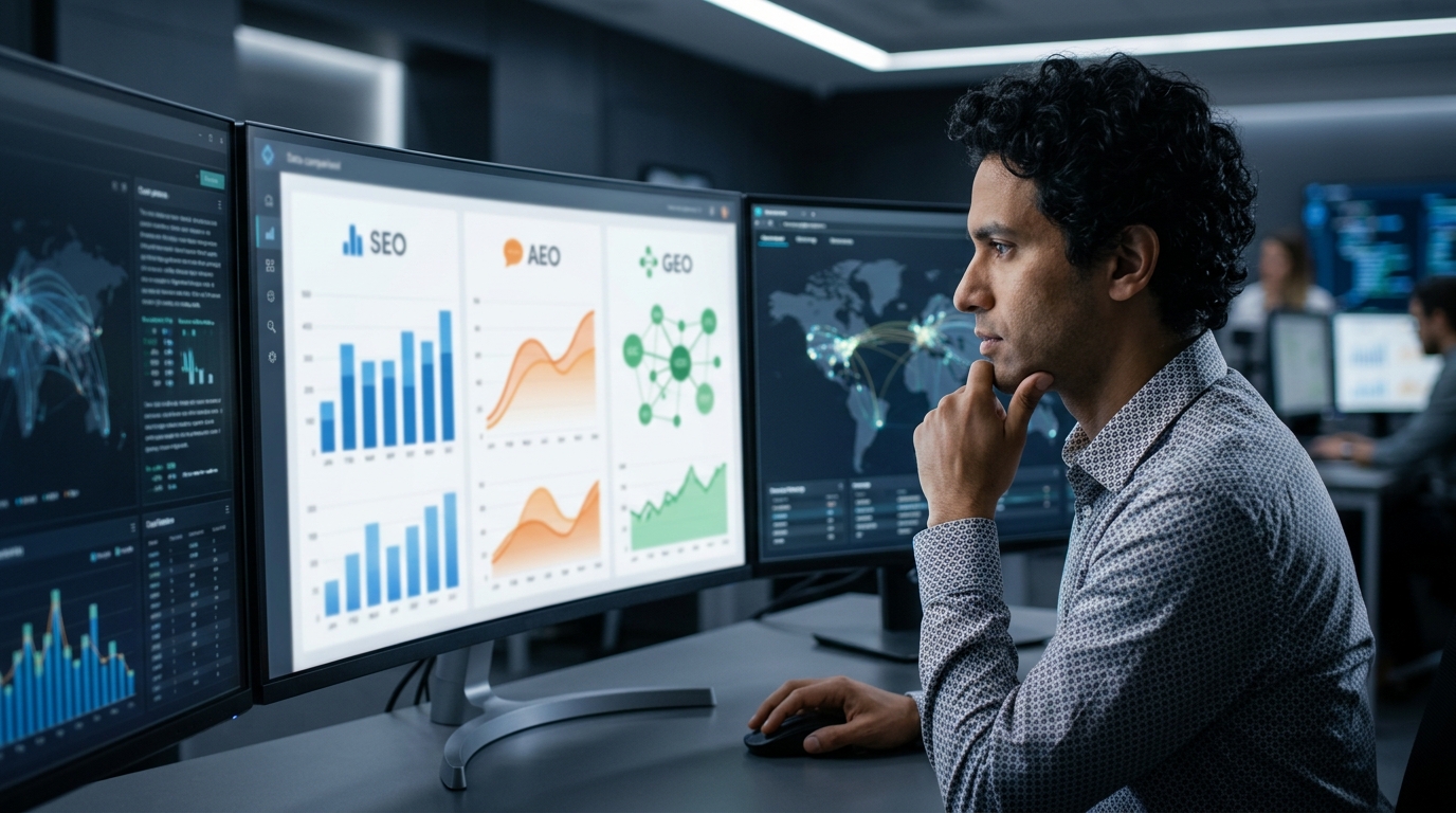 GEO vs SEO vs AEO: What Changes When AI Answers the Question editorial visual