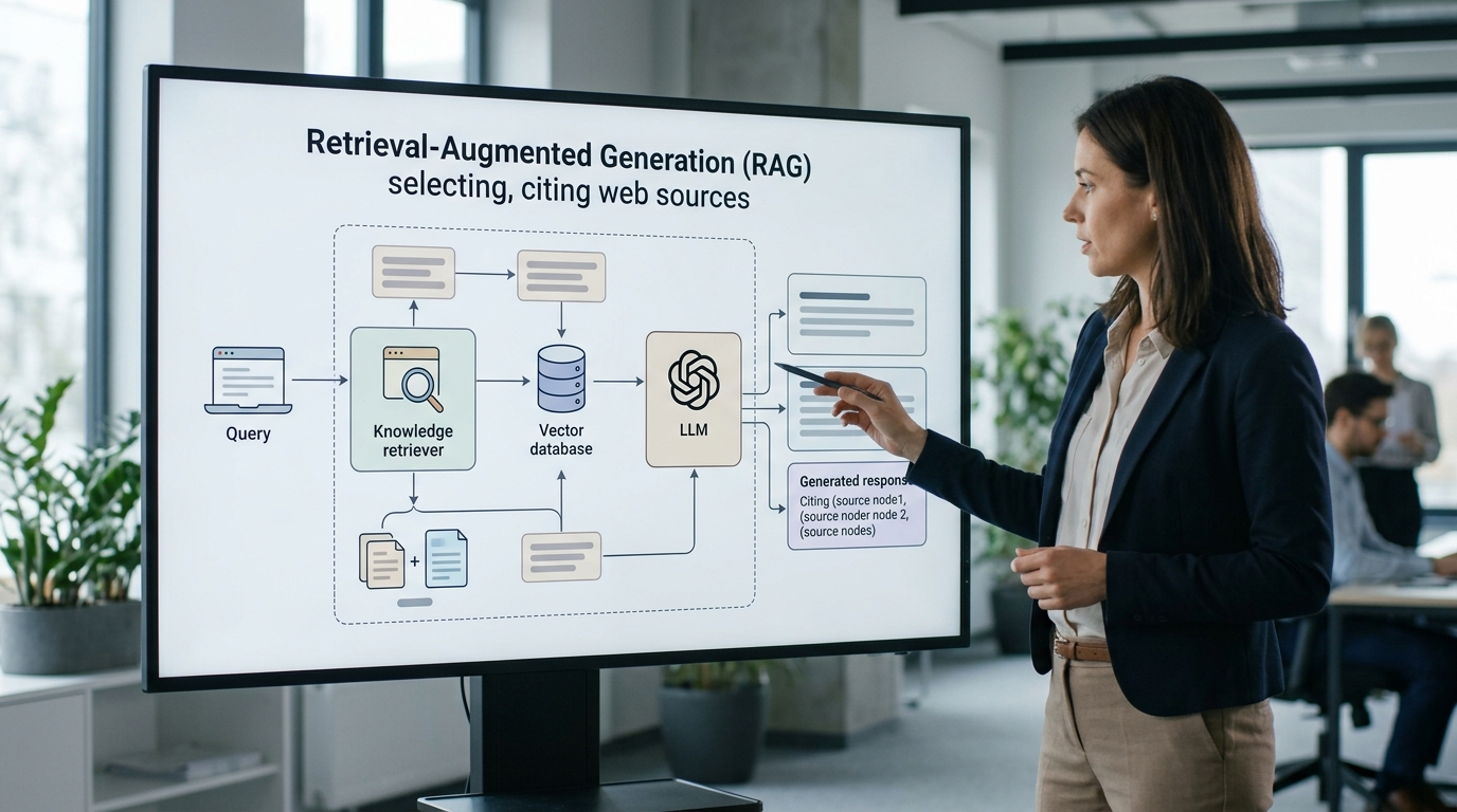 An architectural diagram of a Retrieval-Augmented Generation pipeline selecting and citing web sources.