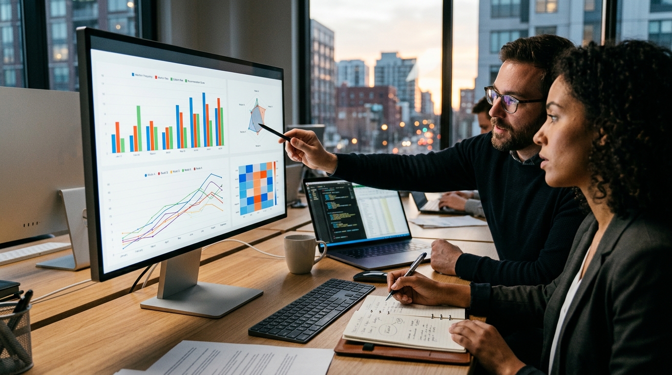 An analytics dashboard showing share of voice, citation rates, and recommendation metrics across different LLMs.