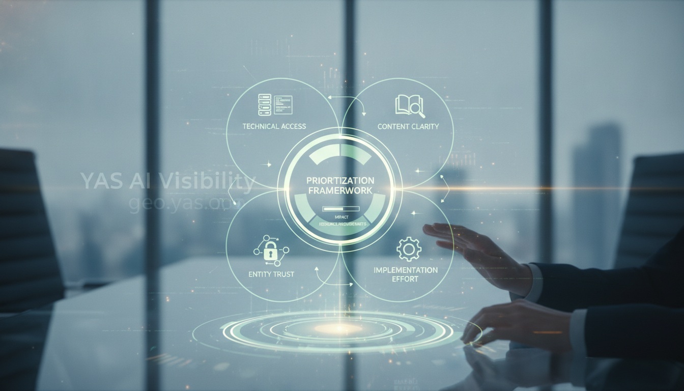 A diagram illustrating the prioritization of visibility fixes based on technical access, content clarity, entity trust, and implementation effort.