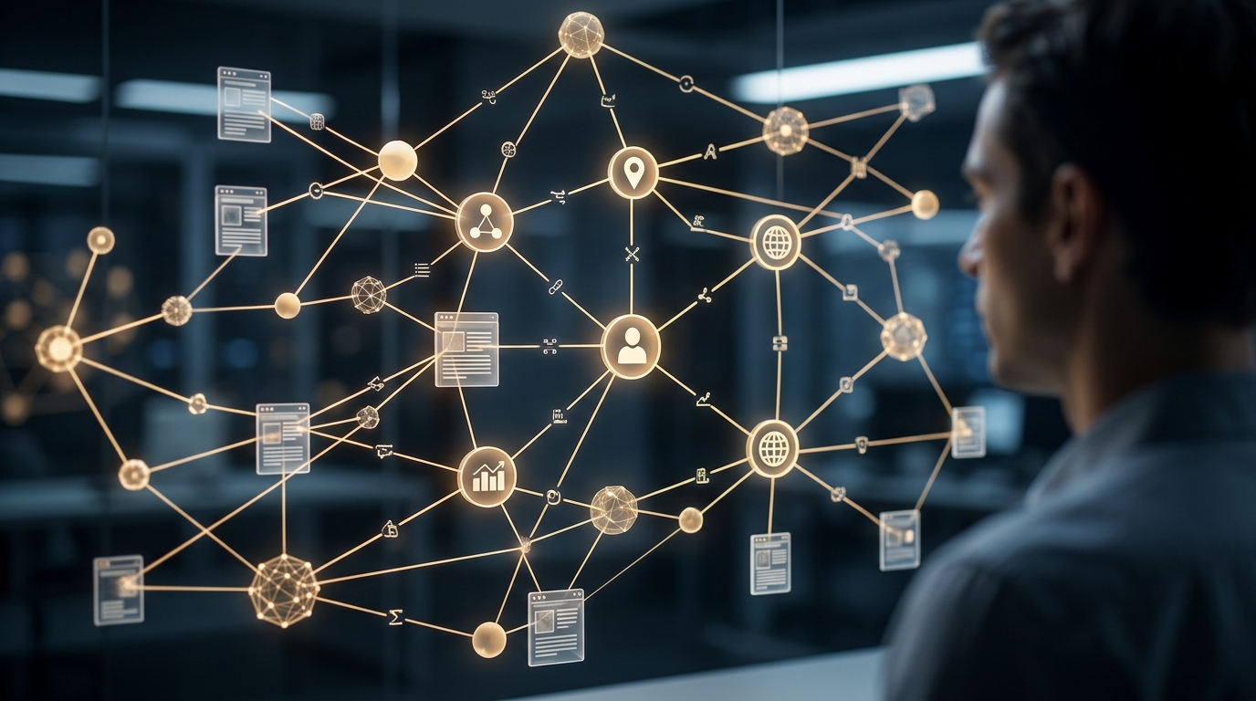 A visual representation of an entity graph showing how schema markup connects web content to recognized concepts.