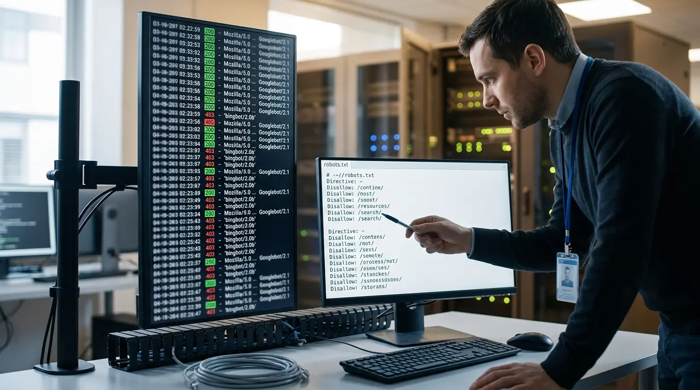 Server access log inspection showing user agent requests and HTTP status codes for search engine crawlers