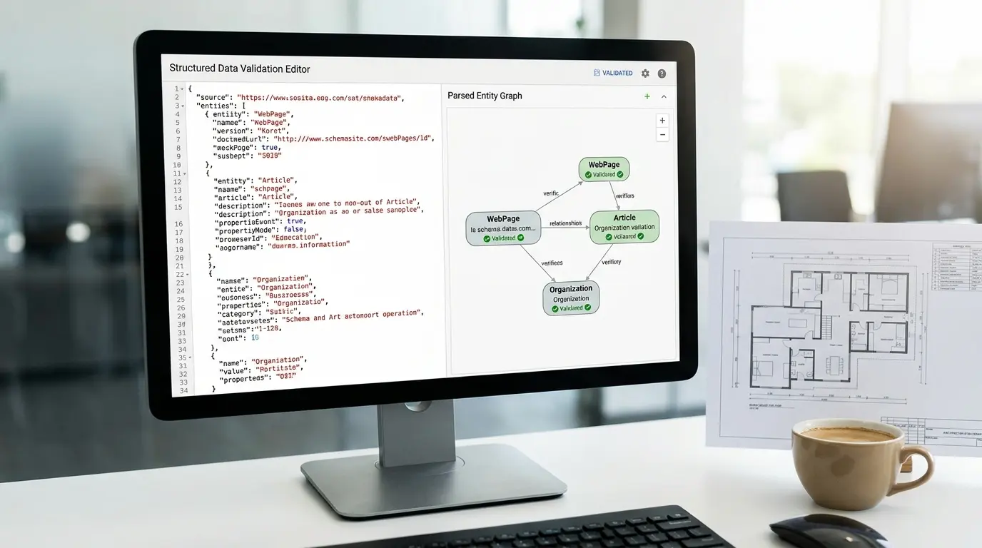 Structured data validation tool interface verifying JSON-LD schema entities and organization properties