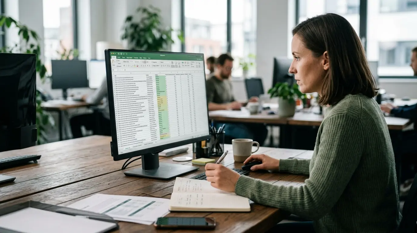 A spreadsheet open on a monitor displaying URL paths alongside technical crawl status and entity scores.