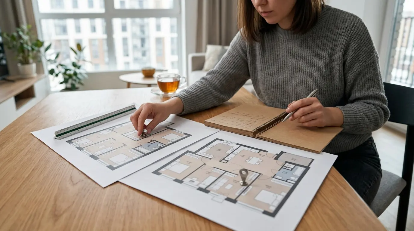 A homebuyer comparing two apartment floor plans at a desk