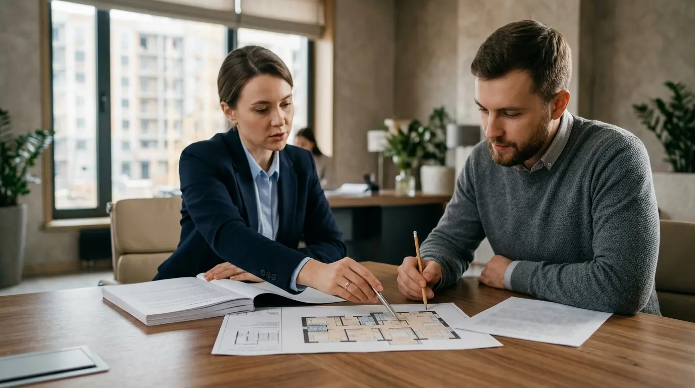 Reviewing contract documents and an apartment plan before signing