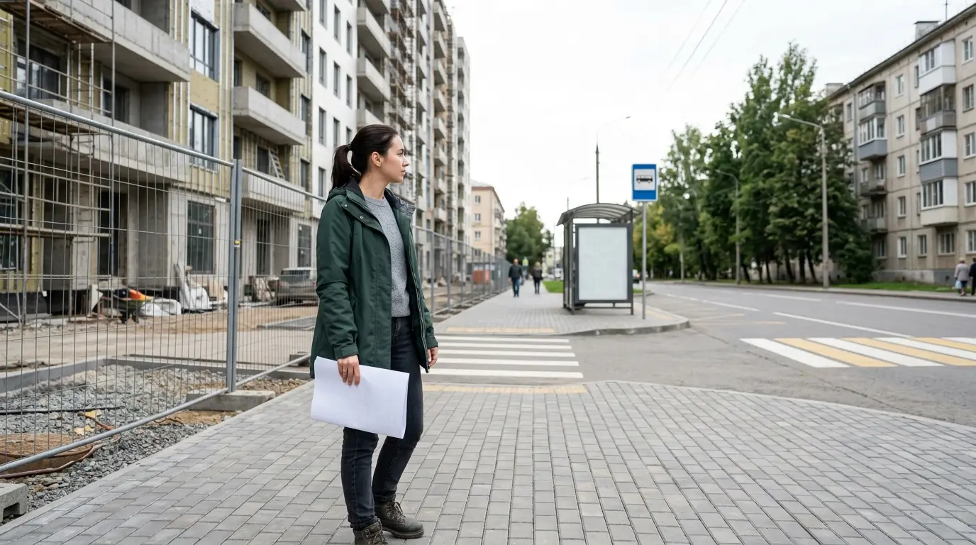 Inspecting the surroundings near a residential building under construction