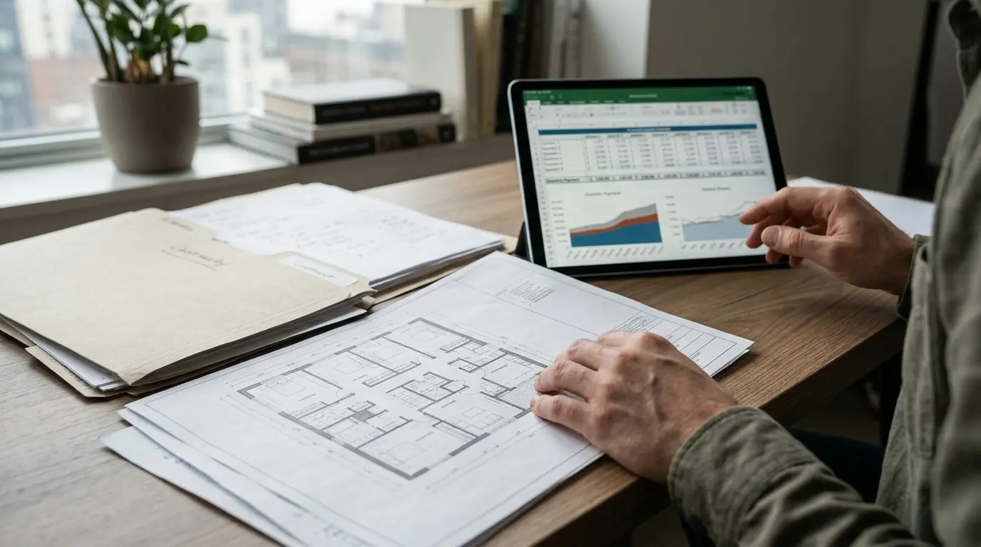 Architectural floor plan and financial calculation sheets on a desk in a study
