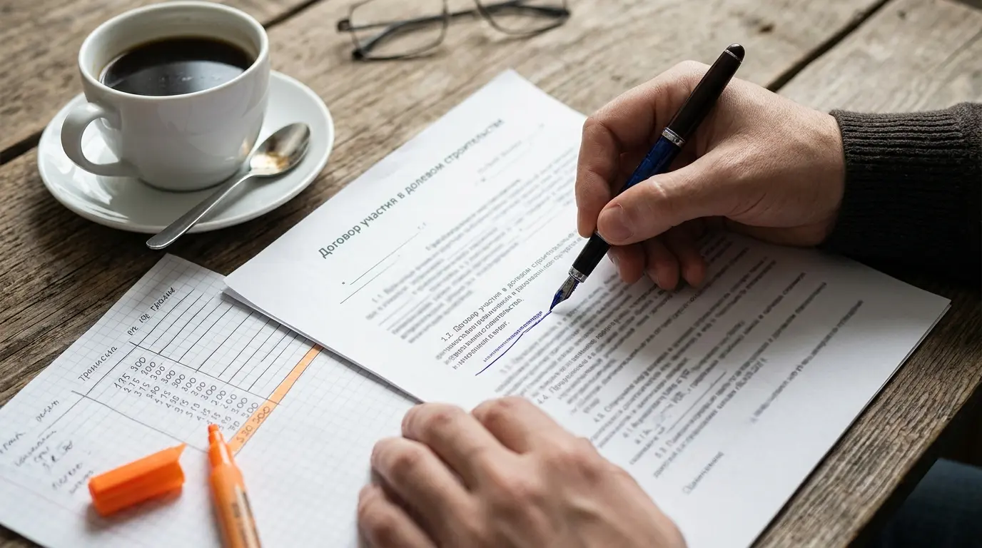 Reviewing a property purchase agreement and installment tranche schedule with a pen