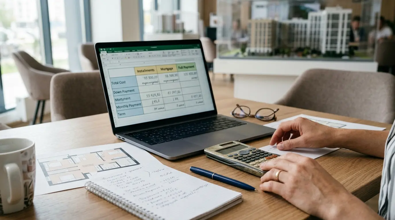 Spreadsheet comparing payment schedules and total apartment costs on an office desk